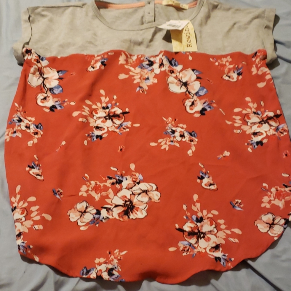 Grey floral sheer bottom blose